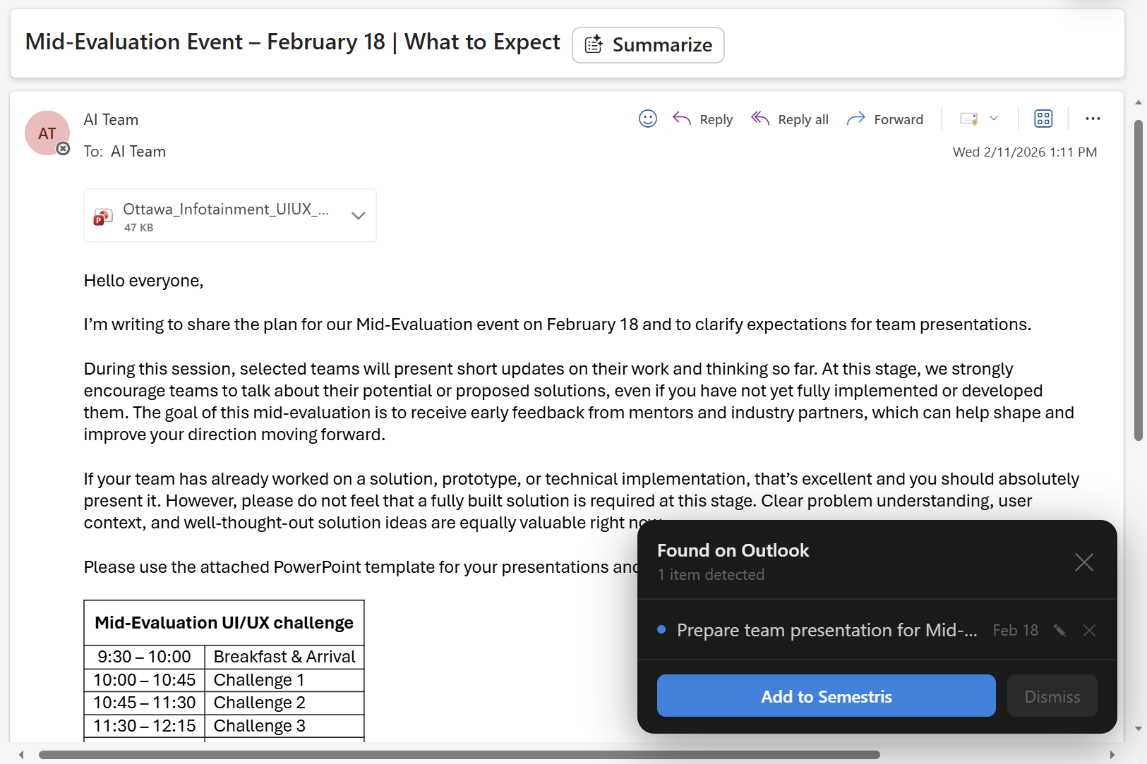 Semestris extension on Microsoft Outlook